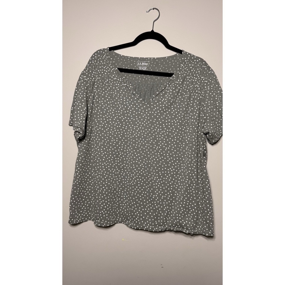 L.L. Bean T-Shirt Womens 2X Plus Green White Polka Dot Short Sleeve Split Neck